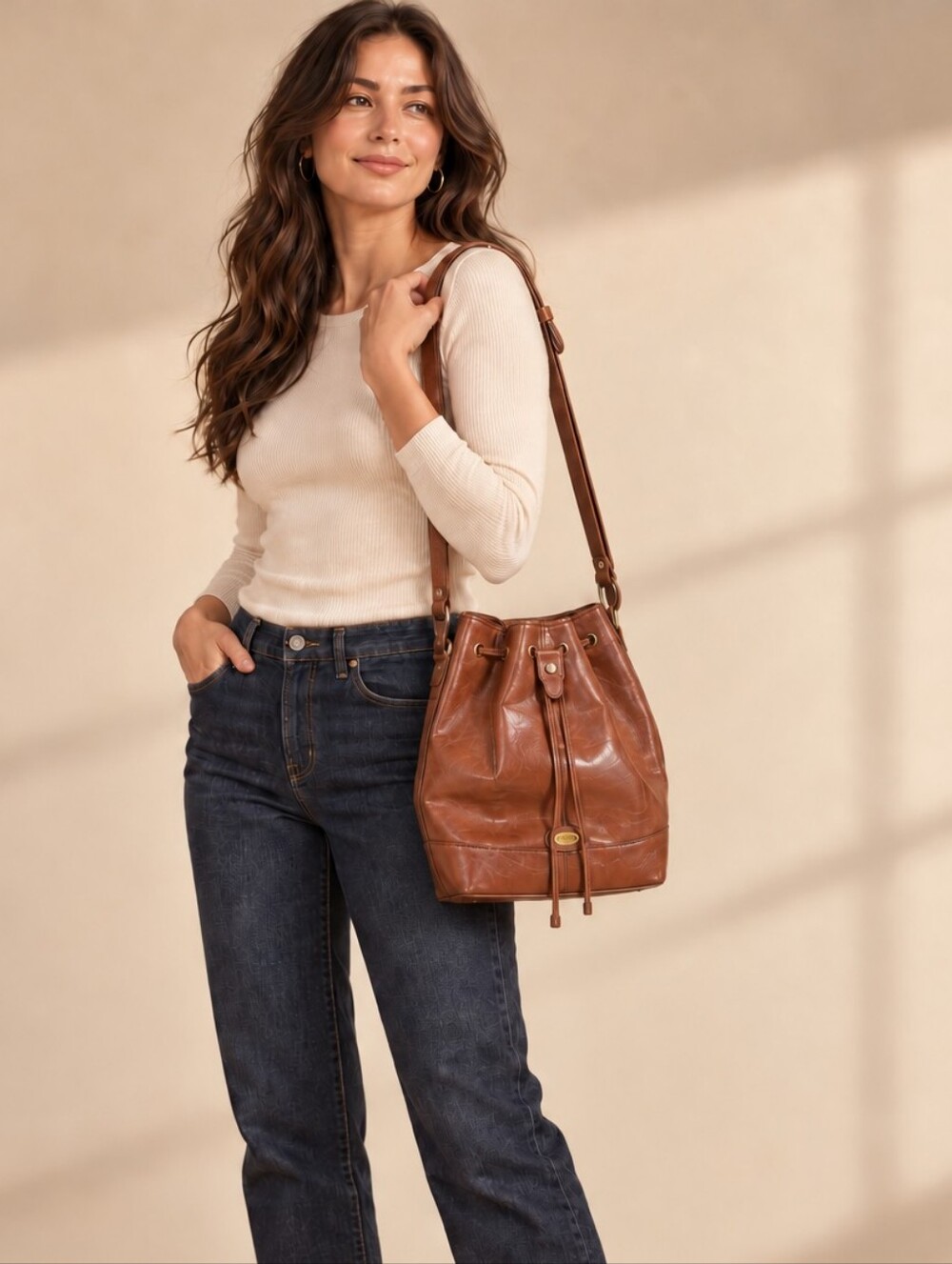 Vintage Bonia Brown Genuine Leather Drawstring Bucket Shoulder Bag